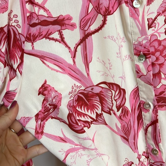 Amazon Pink & Cream Floral Bird Print Button Down Midi Dress- L - Picture 4 of 7